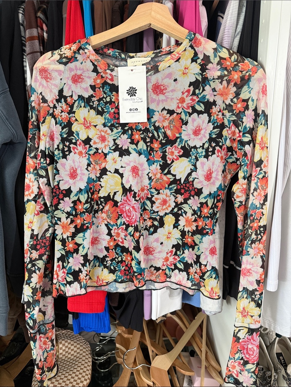 Promesa Black Floral Long Sleeve Tee with Pink, Coral & Yellow Blooms
